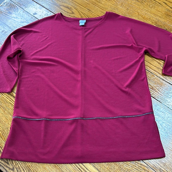 Chico’s size 2 (Size Large), maroon dolman sleeve tunic. Round neck, 3/4 sleeves - Picture 1 of 12